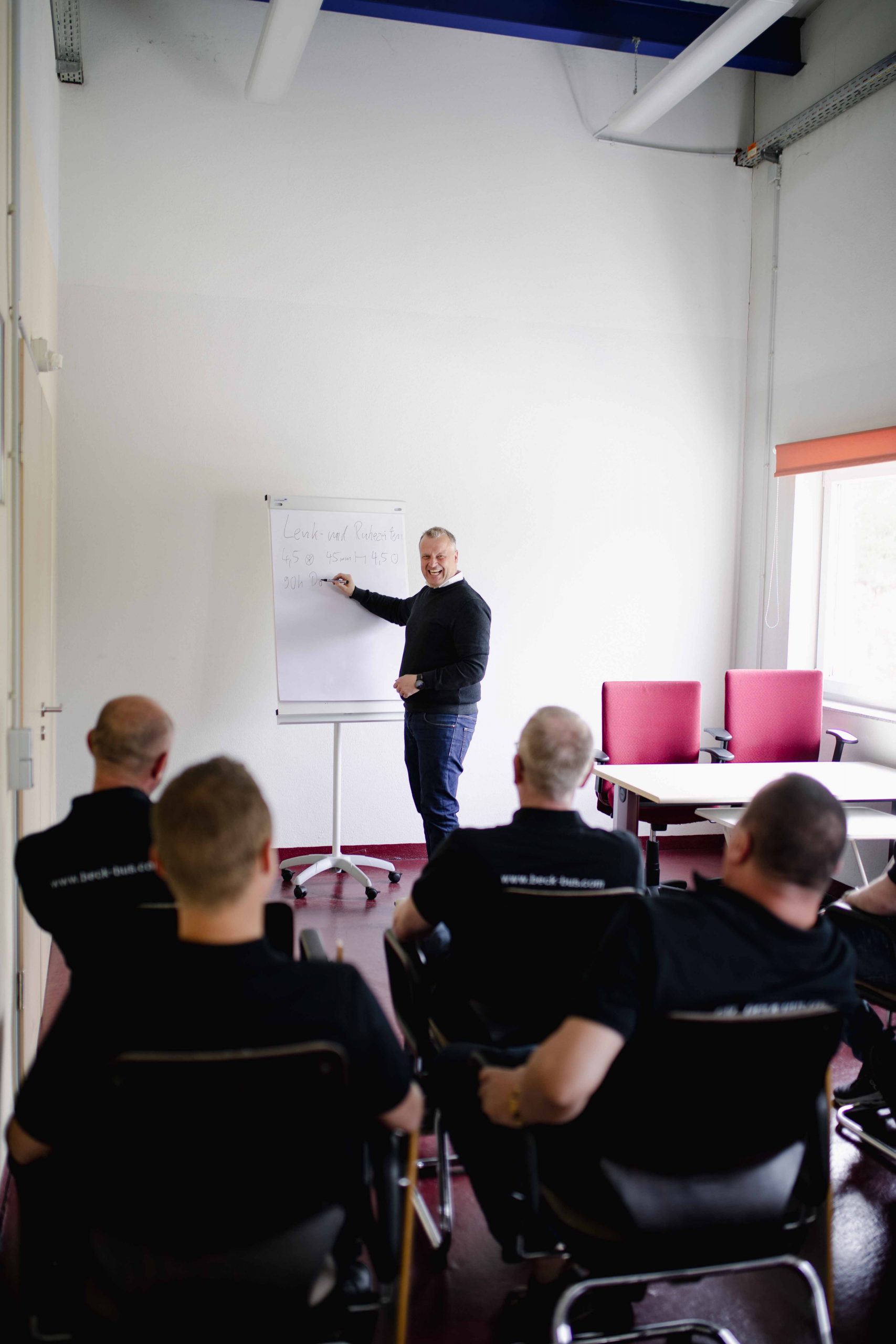Mann steht in einem Schulungsraum vor einer Gruppe und zeigt etwas auf einer Flipchart.